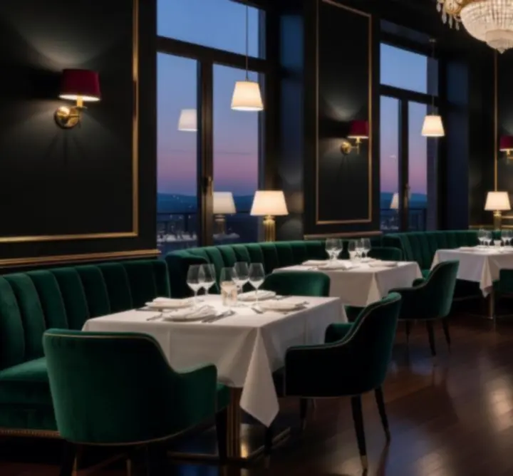 City Lounge Club elegáns, sötét tónusú éttermi enteriőr