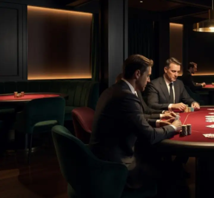 Elegáns esti póker lounge smaragd zöld fényekkel és prémium kártyaasztalokkal